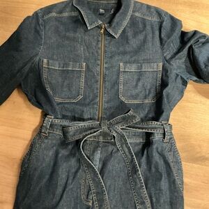 Boden Dark Blue Denim Zip-Front Jumpsuit with Tie Belt